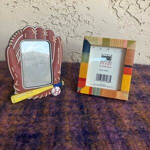 Set of two 2”x 3” picture frames Wood tile and Baseball designs